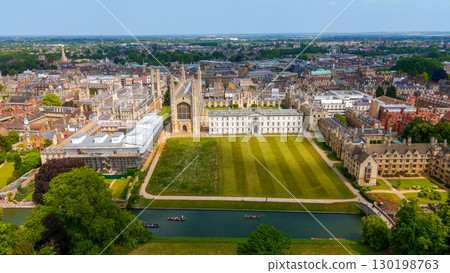 Aerial view of Cambridge University, showcasing historic architecture and the River Cam 130198763