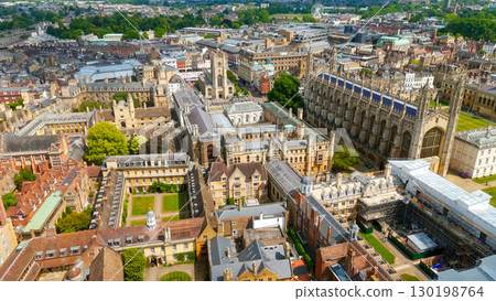 Aerial view of Cambridge University colleges and King's College Chapel in Cambridge, UK 130198764