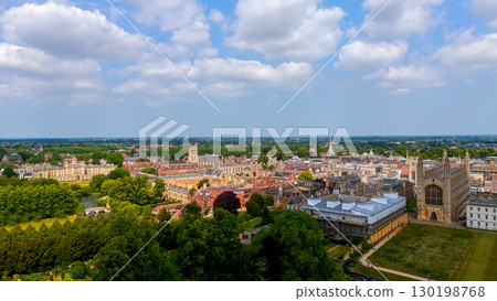 Aerial view of Cambridge University colleges, river Cam and green areas under cloudy sky 130198768