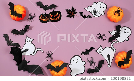 Happy halloween concept, background with pumpkins, spiders and bats in the web with place for text, greeting card or banner, template for design, selective focus 130198851