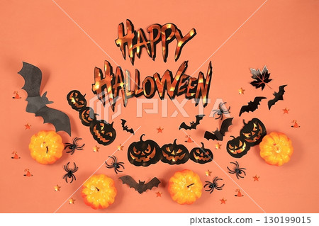 Happy halloween concept, background with congratulations, pumpkins, spiders and bats top view, greeting card or banner, template for design, selective focus 130199015