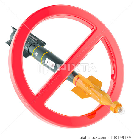Air-to-surface missile with prohibition sign. 3D rendering Air-to-surface missile with prohibition sign. 3D rendering 130199129