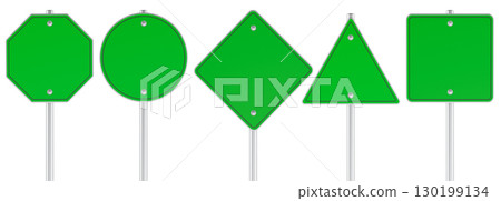 Empty green road signs of different shapes. Octagon, circle, diamond, triangle, and square. 3D rendering Empty green road signs of different shapes. Octagon, circle, diamond, triangle, and square. 3D rendering 130199134