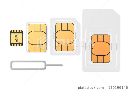 Sim card types and eSIM with ejector tool. 3D rendering Sim card types and eSIM with ejector tool. 3D rendering 130199146