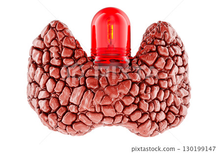 Thyroid gland with red warning beacon. Thyroid disease or alert, concept. 3D rendering Thyroid gland with red warning beacon. Thyroid disease or alert, concept. 3D rendering 130199147