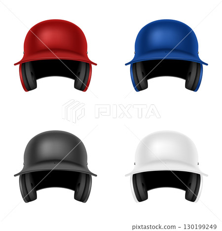 Vector 3d Baseball Helmet Set. Realistic Baseball Helmet for Game, Training, Championship and Tournament. Sport Equipment, Professional Gear, Club Branding, Logo Design, Mockup Template, Isolated 130199249