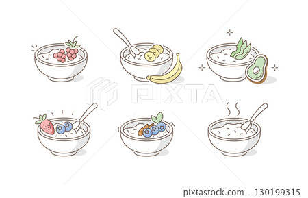 Breakfast Porridge Bowls Icons. Oatmeal with Different Fruits and Berries. Sliced Banana, Avocado, Strawberry and other Porridge Toppings 130199315
