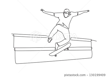 Continuous one line drawing sporty man performing a grind trick on ledge. Symbolizing balance, freedom, and the energetic culture of skateboarding. Single line draw design vector graphic illustration Continuous one line drawing sporty man performing a grind trick on ledge. Symbolizing balance, freedom, and the energetic culture of skateboarding. Single line draw design vector graphic illustration 130199409