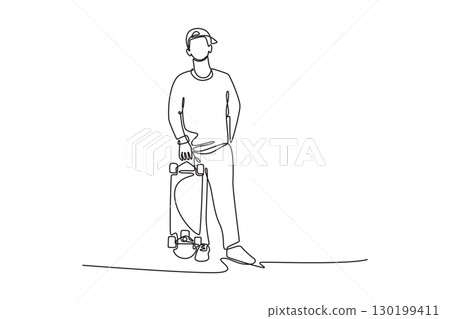 Single continuous line drawing young male standing with his board, representing personal identity, freedom, and culture of a thrilling hobby. Dynamic one line draw graphic design vector illustration Single continuous line drawing young male standing with his board, representing personal identity, freedom, and culture of a thrilling hobby. Dynamic one line draw graphic design vector illustration 130199411