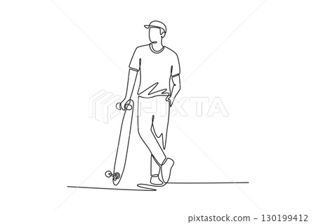 Single continuous line drawing man is standing, casually holding his skateboard. Symbolizing relaxed confidence and urban lifestyle of skater. Dynamic one line draw graphic design vector illustration 130199412