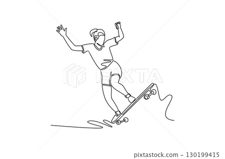 Single one line drawing young female celebrating, representing the skill, agility, and urban lifestyle of a skateboarder landing a trick. Modern continuous line draw design graphic vector illustration Single one line drawing young female celebrating, representing the skill, agility, and urban lifestyle of a skateboarder landing a trick. Modern continuous line draw design graphic vector illustration 130199415