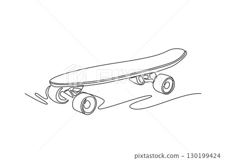 Single continuous line drawing a longboard-style skateboard. Embodying a recreational activity, athletic sport, and the essence of a fun hobby. Dynamic one line draw graphic design vector illustration 130199424
