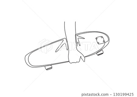Single one line drawing human hand holding a skateboard, representing the personal identity, freedom, and the culture of thrilling hobby. Modern continuous line draw design graphic vector illustration Single one line drawing human hand holding a skateboard, representing the personal identity, freedom, and the culture of thrilling hobby. Modern continuous line draw design graphic vector illustration 130199425