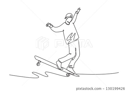 Single one line drawing young male in a fluid motion, representing casual style, agility, balance, and urban lifestyle of a skateboarder. Modern continuous line draw design graphic vector illustration 130199426