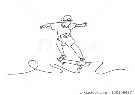 Single one line drawing energetic young male mid-turn on a skateboard. Embodying a thrilling hobby, athletic skill, and motion of sports. Modern continuous line draw design graphic vector illustration Single one line drawing energetic young male mid-turn on a skateboard. Embodying a thrilling hobby, athletic skill, and motion of sports. Modern continuous line draw design graphic vector illustration 130199427