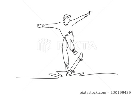 Single one line drawing young male performing a jump at outdoor park. Representing skill, agility, and urban lifestyle of a skateboarder. Modern continuous line draw design graphic vector illustration 130199429