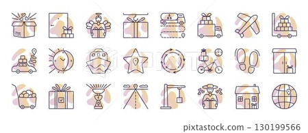 Supply chain, trucks, logistic, delivery. Vector line icon set with light gradient background Supply chain, trucks, logistic, delivery. Vector line icon set with light gradient background 130199566