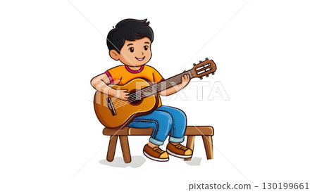 Cartoonish Young Boy Playing Acoustic Guitar Instrument Musical Entertainment 130199661