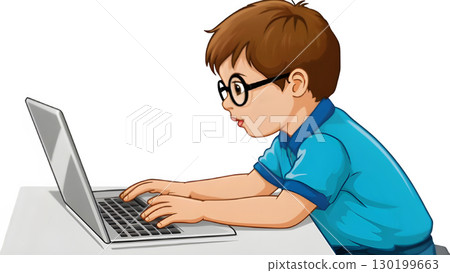 Cartoon Style Illustration of Concentrated Boy Using Laptop for Study 130199663