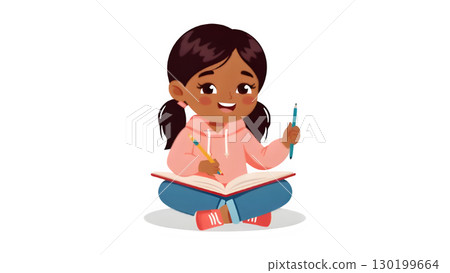 Cartoon Illustration of Cheerful Girl Writing and Learning in Book 130199664