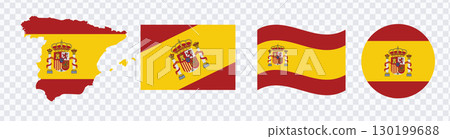 Spain flag stickers and icon set. Vector map, wavy flag, and emblem collection. Spain flag stickers and icon set. Vector map, wavy flag, and emblem collection. 130199688
