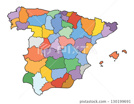 Colored vector map of Spain. Political and administrative regions and provinces illustration. 130199691