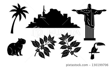 Brazil iconic silhouette elements collection. Vector set with symbols and landmarks. Brazil iconic silhouette elements collection. Vector set with symbols and landmarks. 130199706