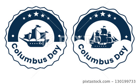 Columbus Day vintage emblem set. This design features historical sailing ships within a scalloped, zigzag frame in a classic vintage style. 130199733