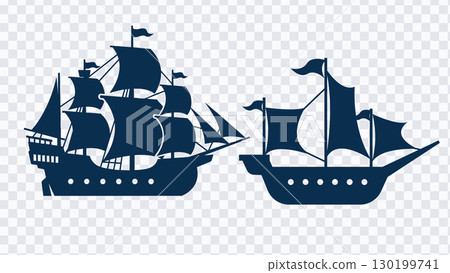 Historical sailing ship silhouette collection. Columbus Day vintage vector illustration. 130199741