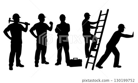 Worker man silhouette collection for Labour Day. Construction and professional poses vector set. Worker man silhouette collection for Labour Day. Construction and professional poses vector set. 130199752