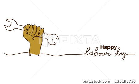 Happy Labor Day minimalist vector background.Yellow hand holding tools one-line art illustration. 130199756