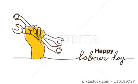 Happy Labor Day greeting background.Yellow hand holding tools one continuous line art vector illustration. 130199757