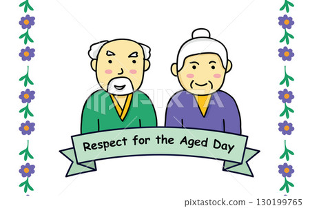 Respect for the Aged Day greeting with a hand-drawn elderly couple and floral border.Vector illustration 130199765