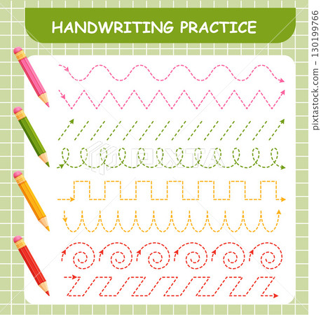 Handwriting practice, tracing line shape. Kid hand writing teaching training template. Children education game. Connect dashed outline with color pencil. Preschool learning activity worksheet vector 130199766