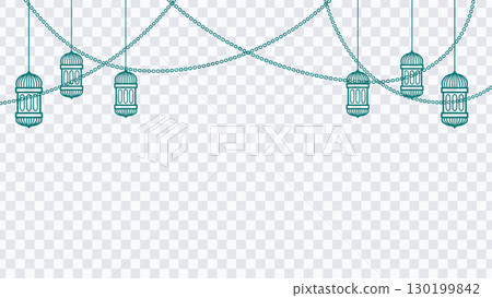 Islamic green lanterns on chains. Decorative vector banner. Islamic green lanterns on chains. Decorative vector banner. 130199842