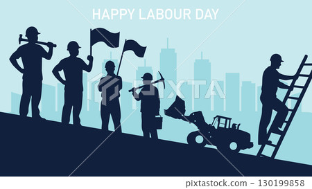 World Labour Day greeting silhouettes with workers and skyline background.Vector illustration. World Labour Day greeting silhouettes with workers and skyline background.Vector illustration. 130199858