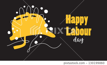 Happy Labour Day banner with a yellow safety helmet and abstract line art design illustration 130199860