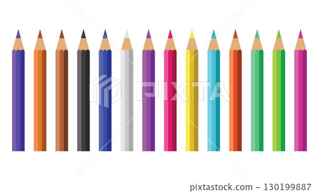 Set of colorful school and art supplies.The design shows a row of colored pencils in various colors, including black, blue, green, yellow, pink, and more. Set of colorful school and art supplies.The design shows a row of colored pencils in various colors, including black, blue, green, yellow, pink, and more. 130199887