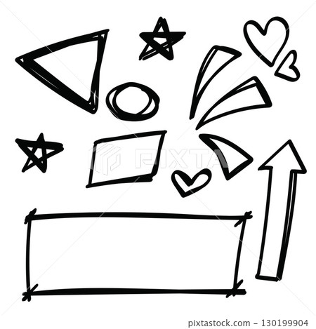 Collection line doodles includes a triangle, rectangle, stars, hearts, and arrows with a playful isolated on a white background. 130199904