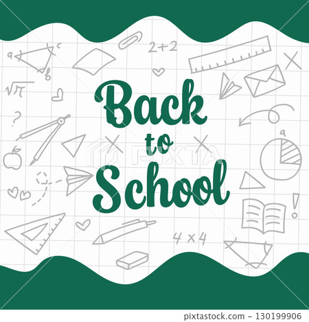 Back to School greeting with of various school supplies and academic symbols on grid paper on wavy green border illustration. 130199906