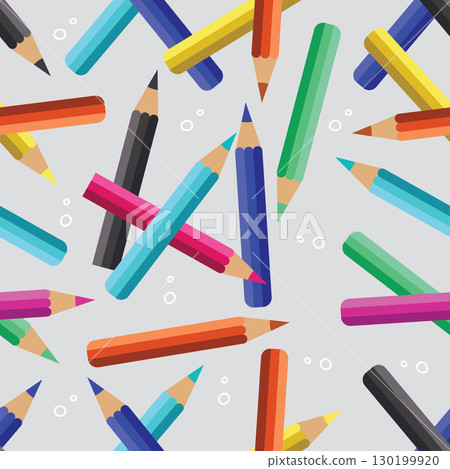 Seamless vector pattern featuring a variety of colorful pencils scattered randomly on a modern, light gray background. 130199920