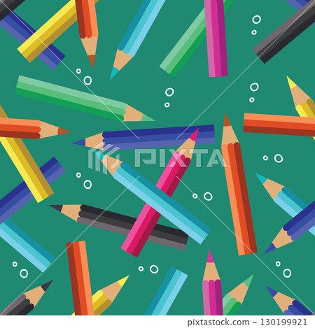 Seamless pattern of colorful pencils scattered on a green background.Vector illustration. 130199921