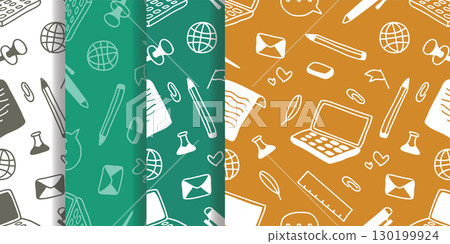 Collection of seamless doodle line art school supplies patterns.Vector illustration. Collection of seamless doodle line art school supplies patterns.Vector illustration. 130199924