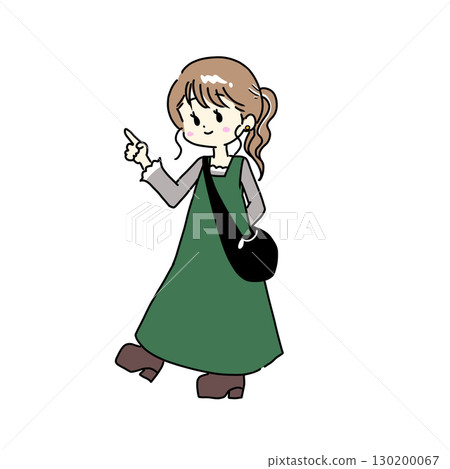 A woman in autumn attire pointing her finger 130200067