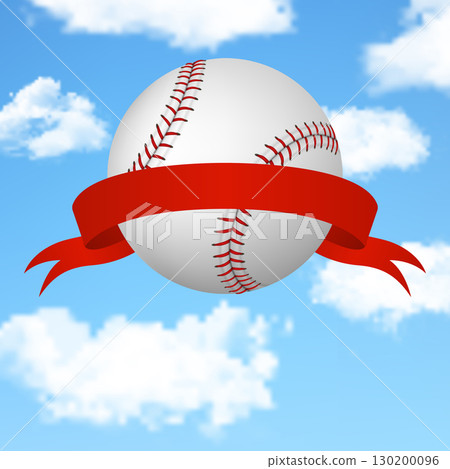 Baseball Ball with Red Ribbon on Blue Sky Background. Vector Illustration for Championship, League, Tournament, Training and Game. Baseball Poster, Template, Banner, Flyer, Logo, Advertising Design Baseball Ball with Red Ribbon on Blue Sky Background. Vector Illustration for Championship, League, Tournament, Training and Game. Baseball Poster, Template, Banner, Flyer, Logo, Advertising Design 130200096