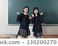 A female student posing in front of a blackboard 130200270