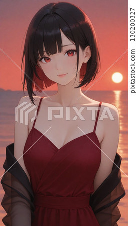 一位美麗的女人，有著黑色的波波頭和紅色的眼睛，穿著紅色的連身裙，面帶微笑，站在海灘上，欣賞日落 130200327