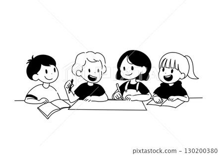 Illustration of children having a group discussion (white background, hand-drawn style) Illustration of children having a group discussion (white background, hand-drawn style) 130200380