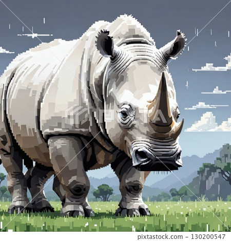 線條郵票風格的白犀牛可愛像素藝術 130200547