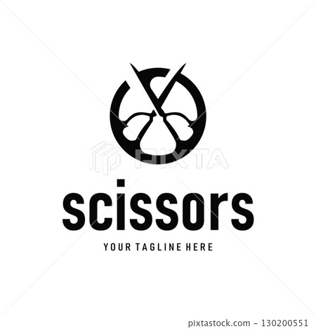 barber tool scissors logo design, with a simple concept of a black scissors silhouette as a symbol or brand for business products and also a poster template 130200551